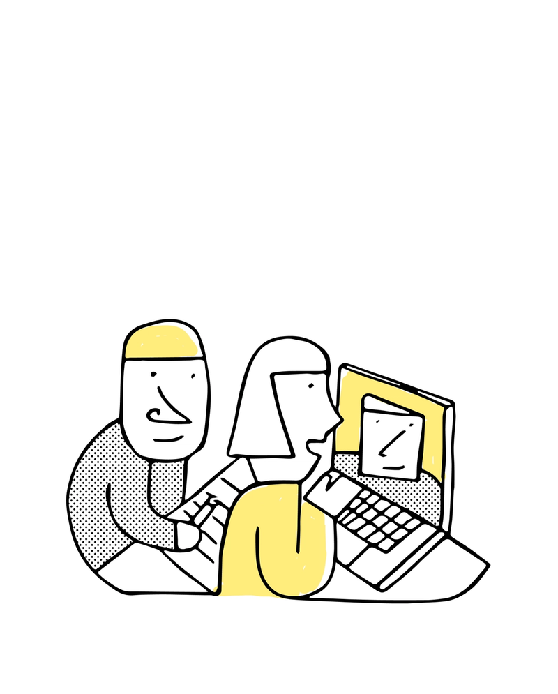 Illustrasjon av to mennesker foran en datamaskin.