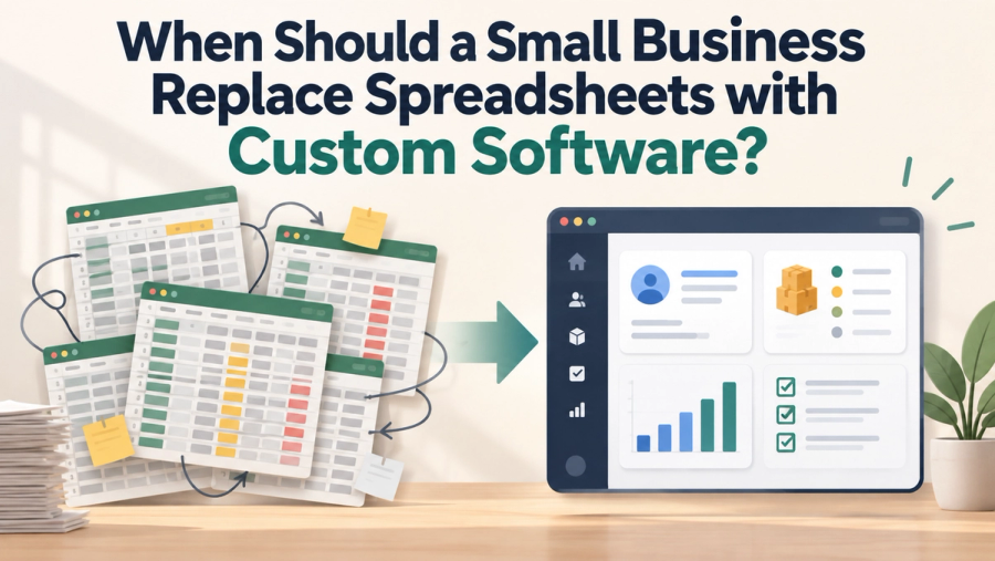 Spreadsheet on one screen and a custom business software dashboard on another