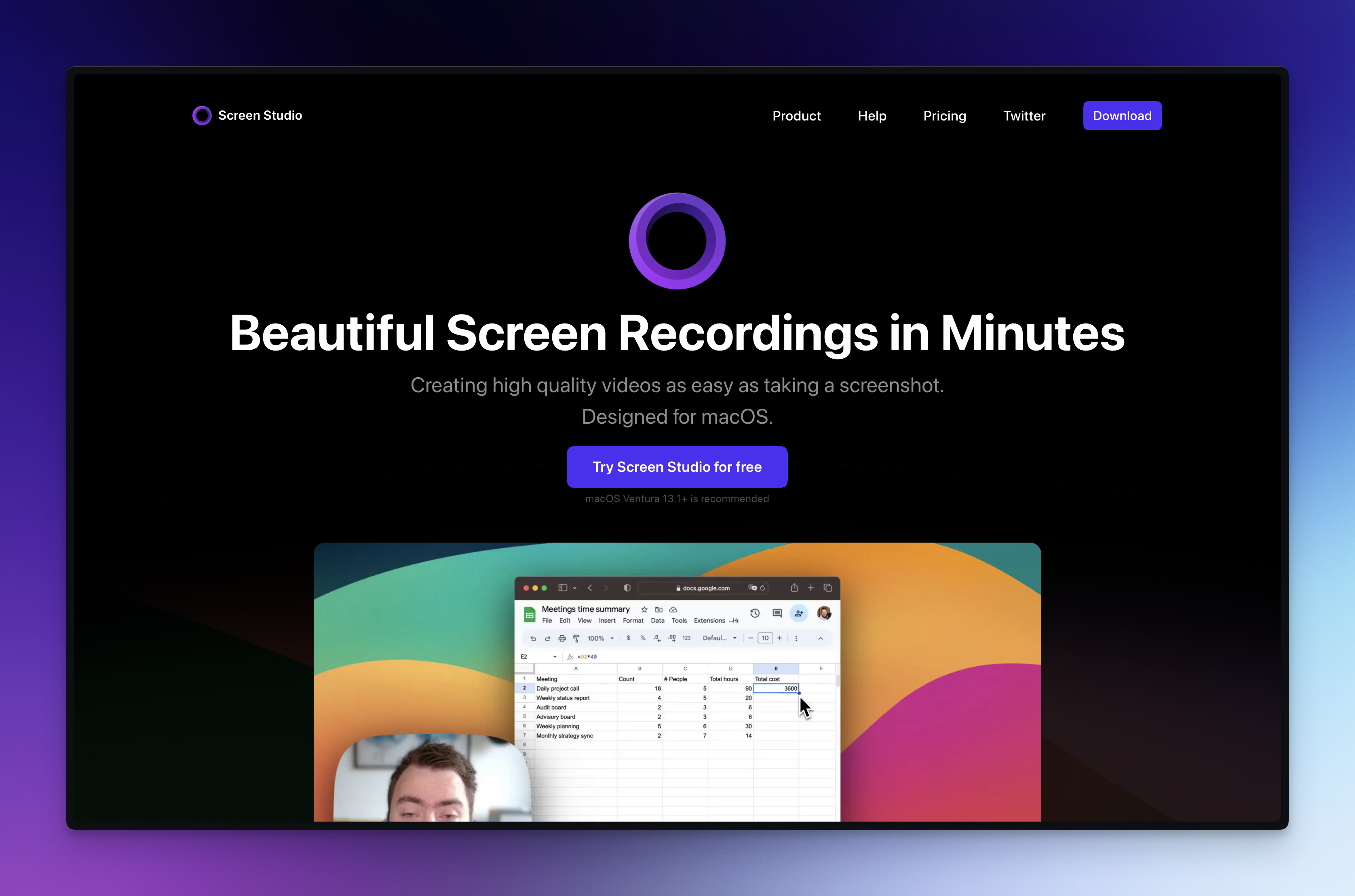 A screenshot of Screen Studio's website