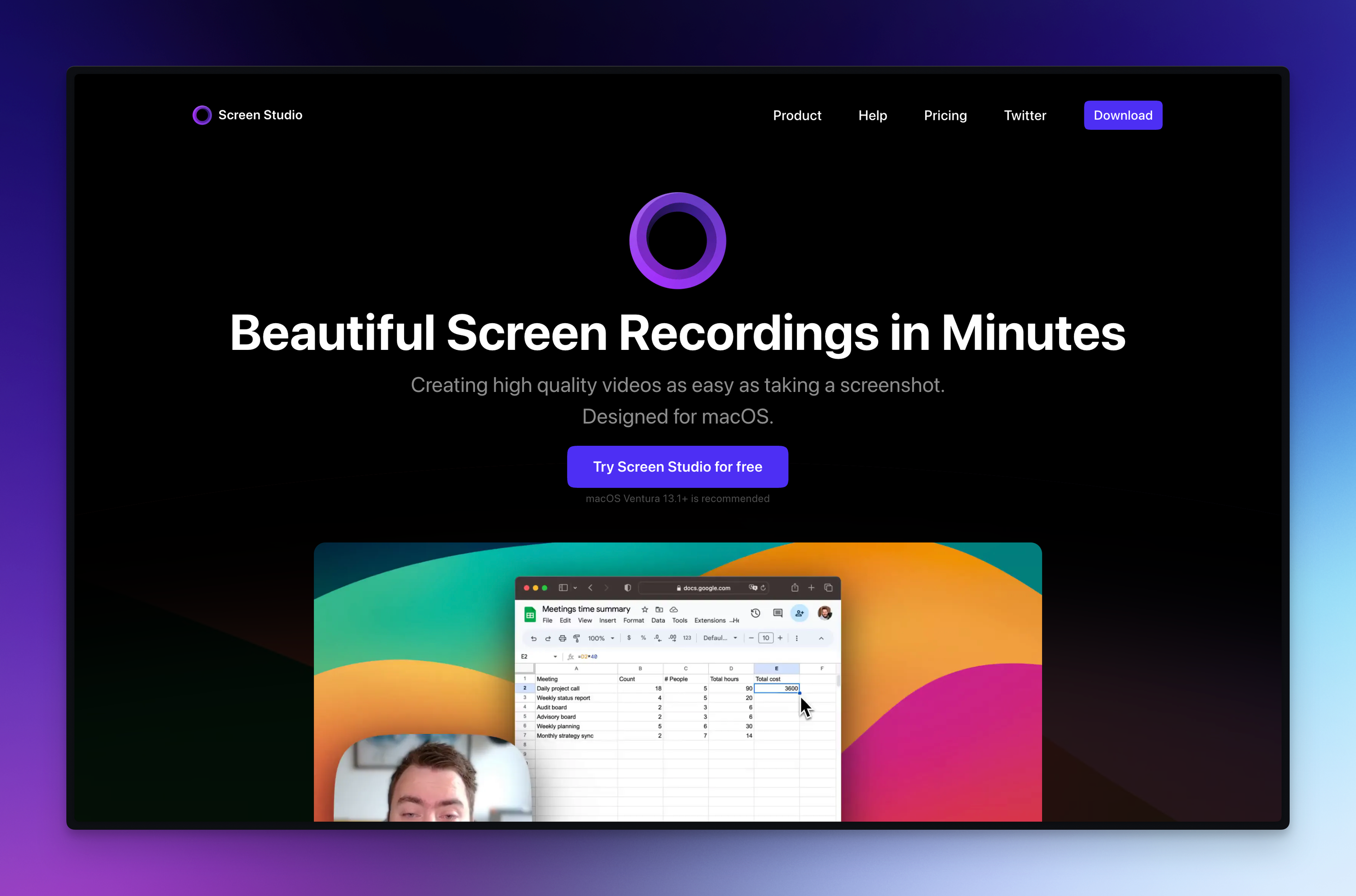 A screenshot of Screen Studio's website