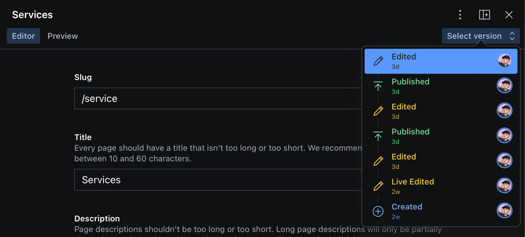 Example of the versioning