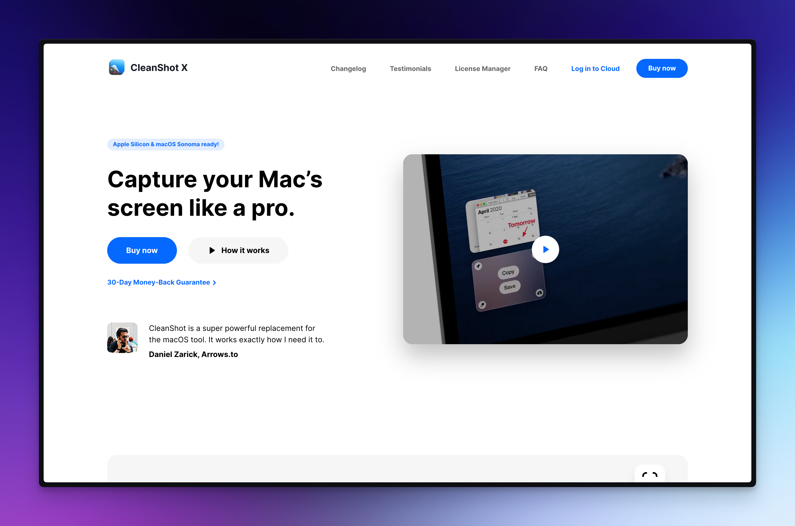 A screenshot of the Cleanshot X homepage... Shot with Cleanshot