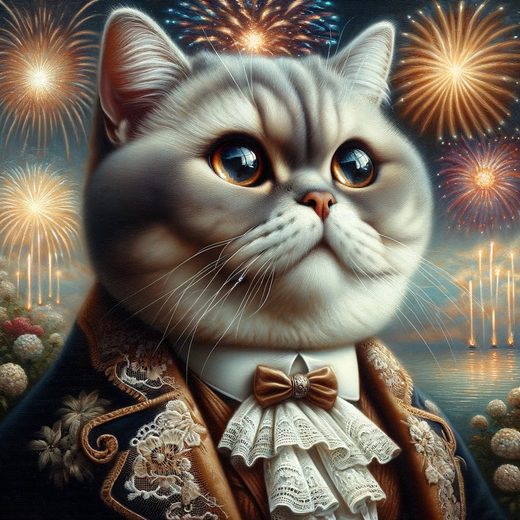 A picture of a chunky British shorthair looking into the sky with a twinkle in his eye for another year