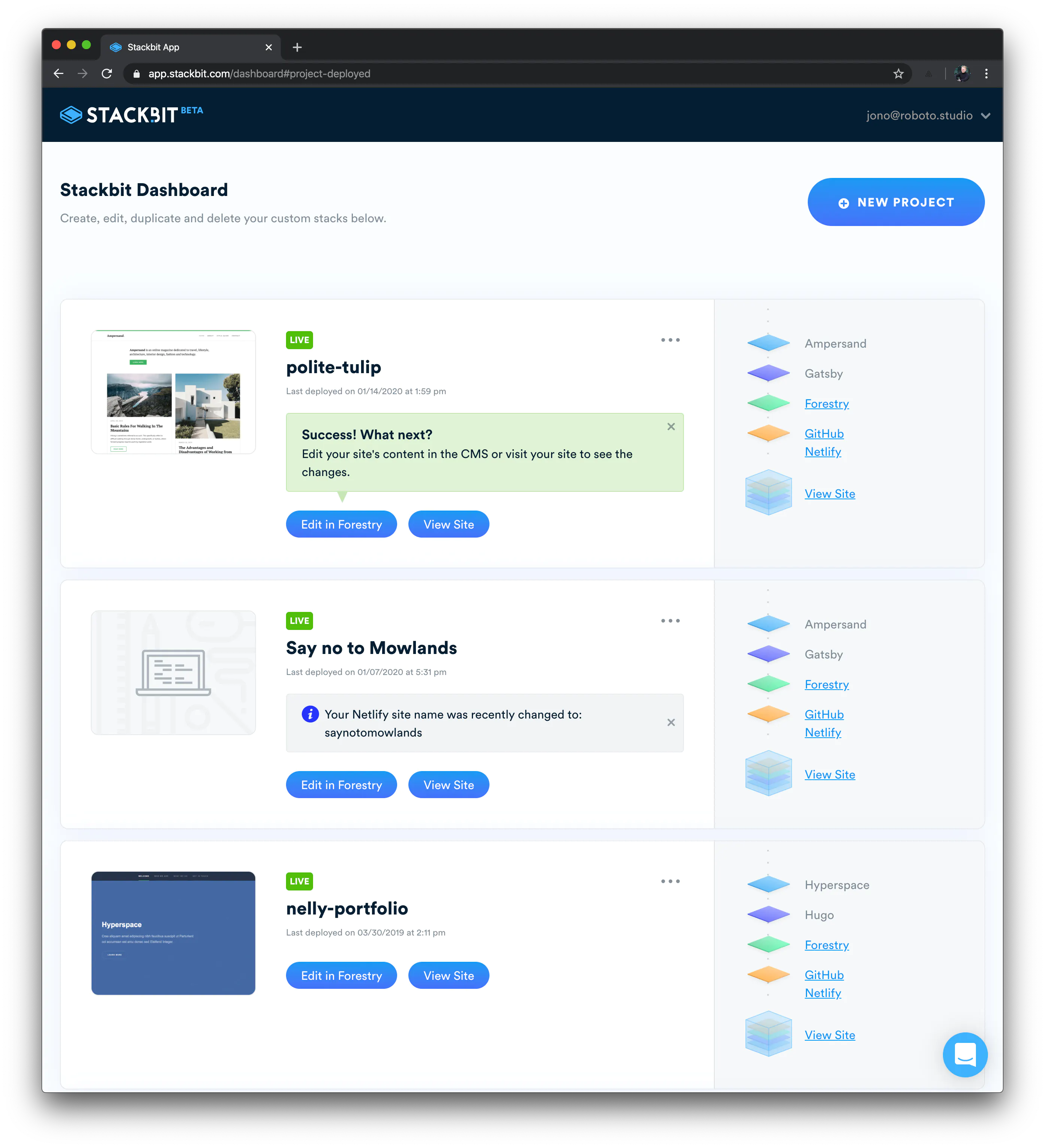 Stackbit dashboard