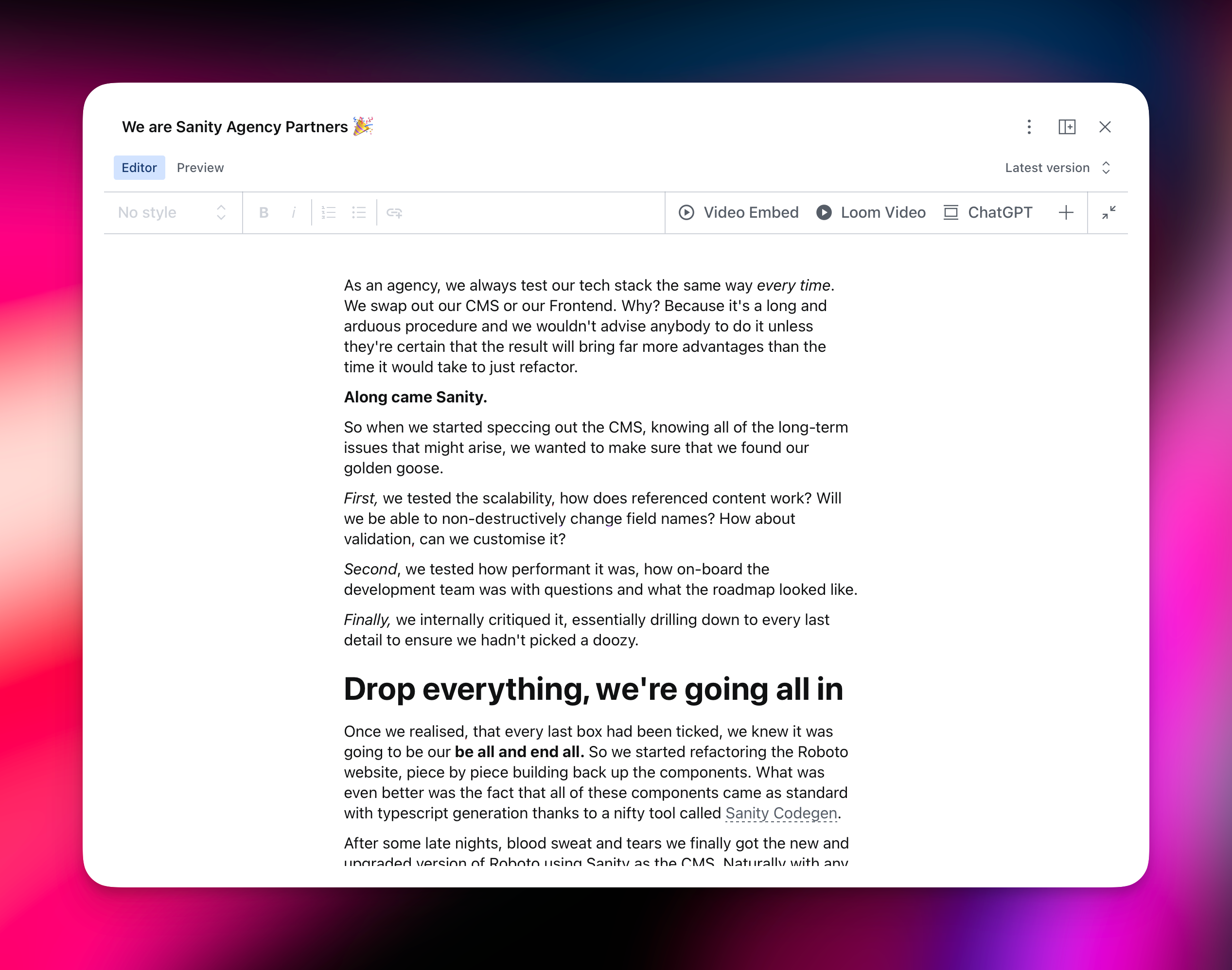 Sanity Editing Environment