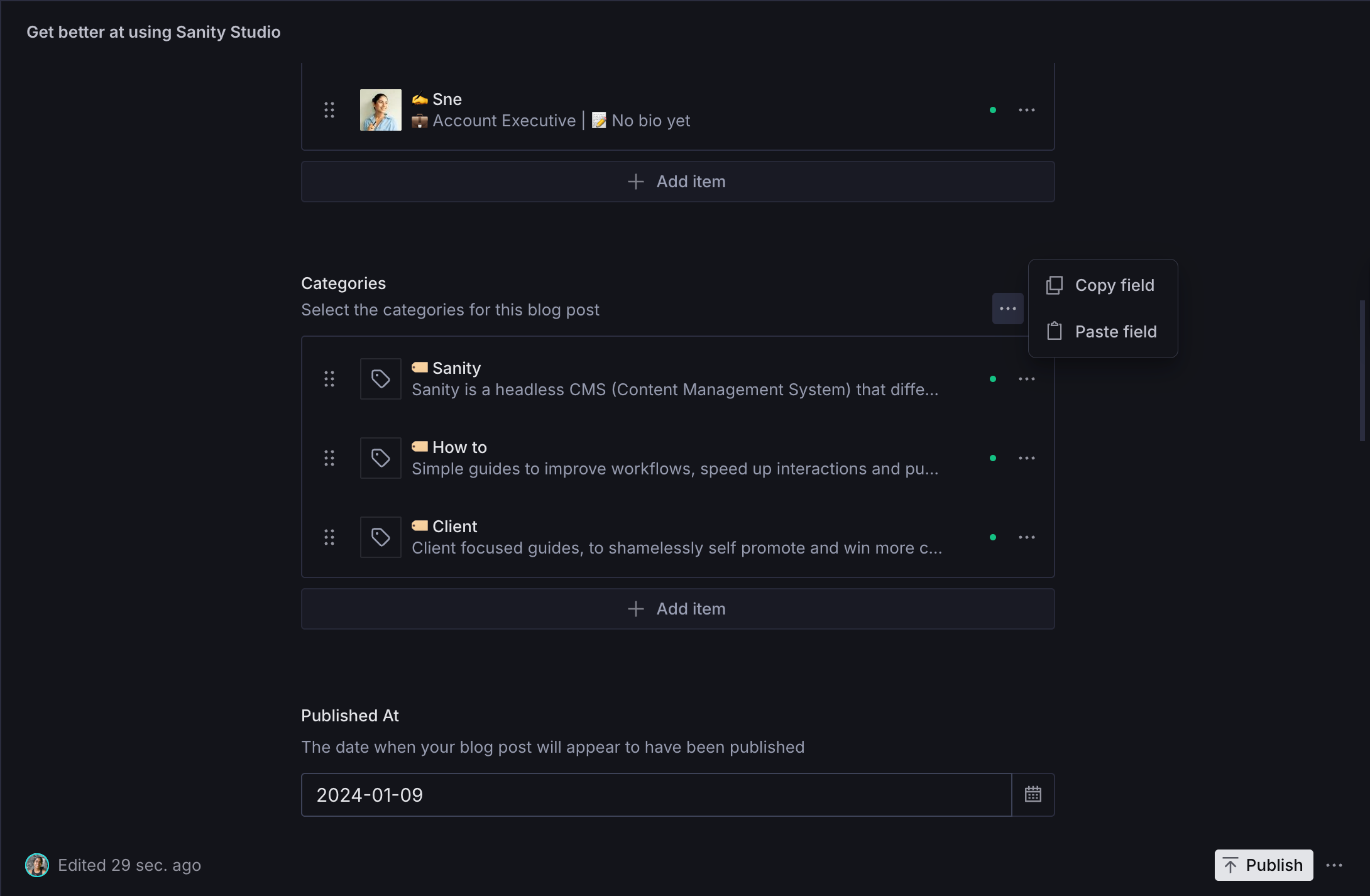 Sanity Studio interface with a 'Copy field' and 'Paste field' menu open.