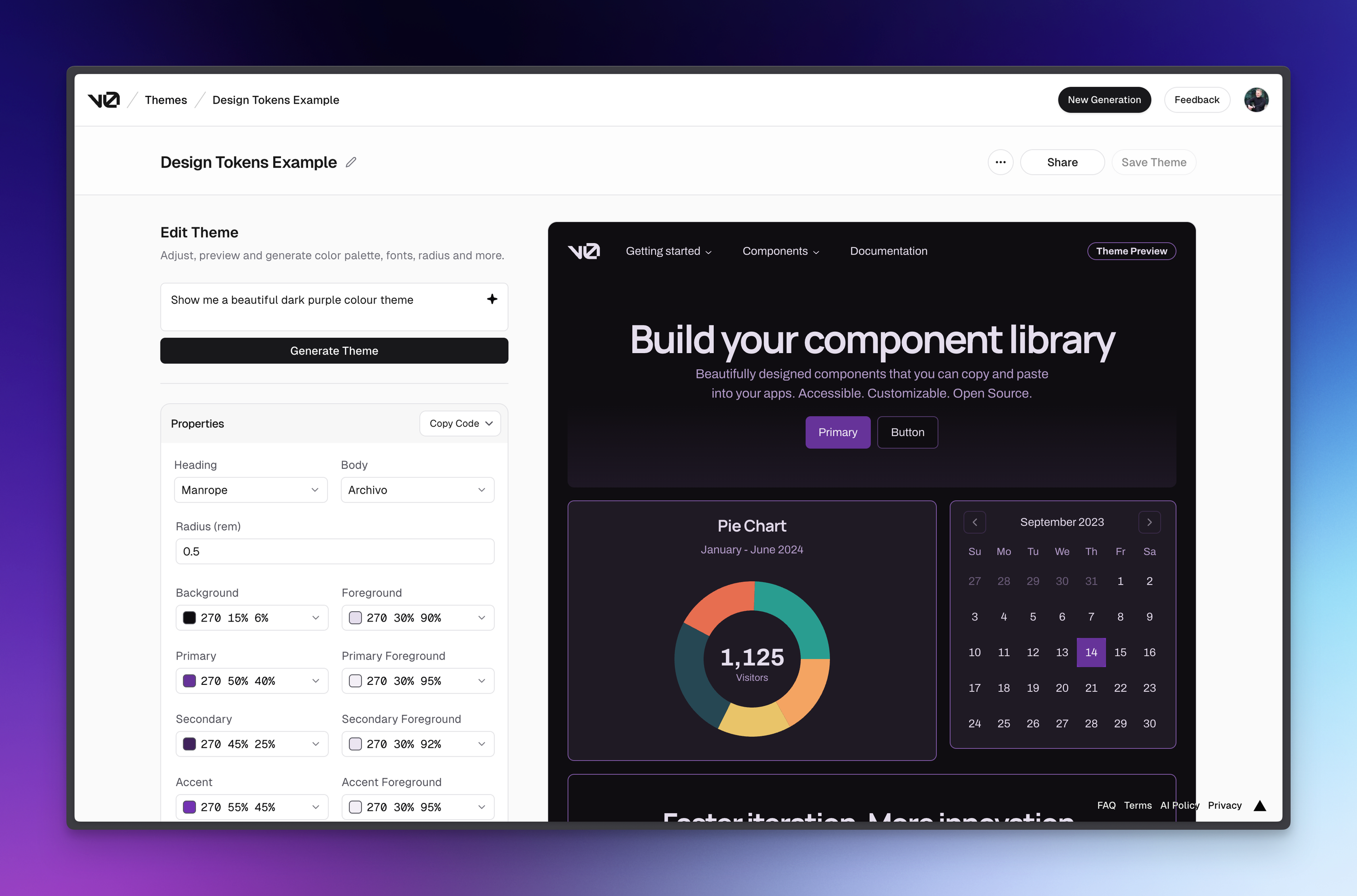 Screenshot of a v0 theme generator interface. The left panel shows options to edit the theme, including font selection, color settings, and a button labeled "Generate Theme."