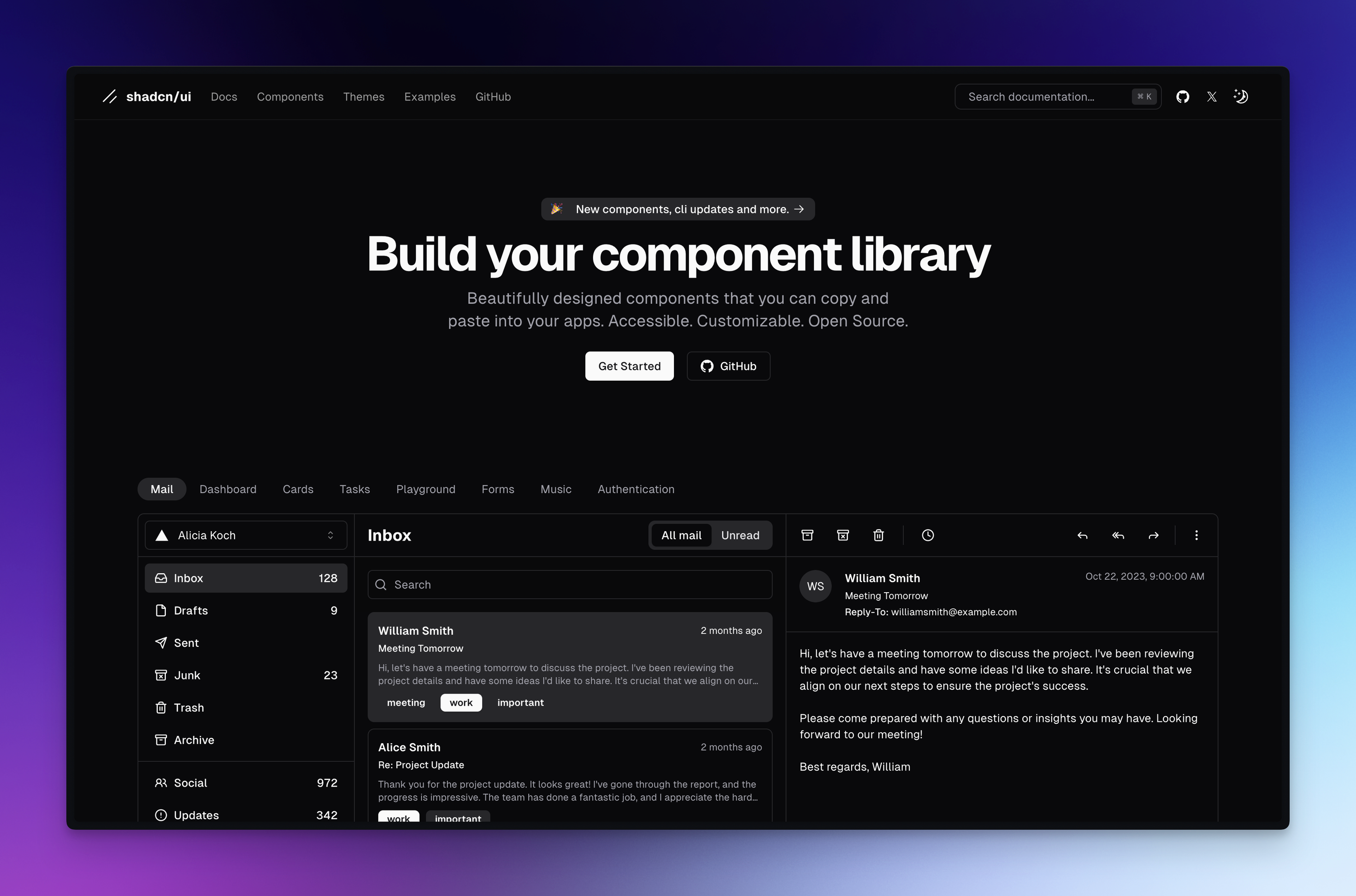 Shadcn/ui fancy new homepage, compete with new components - good on you Shad