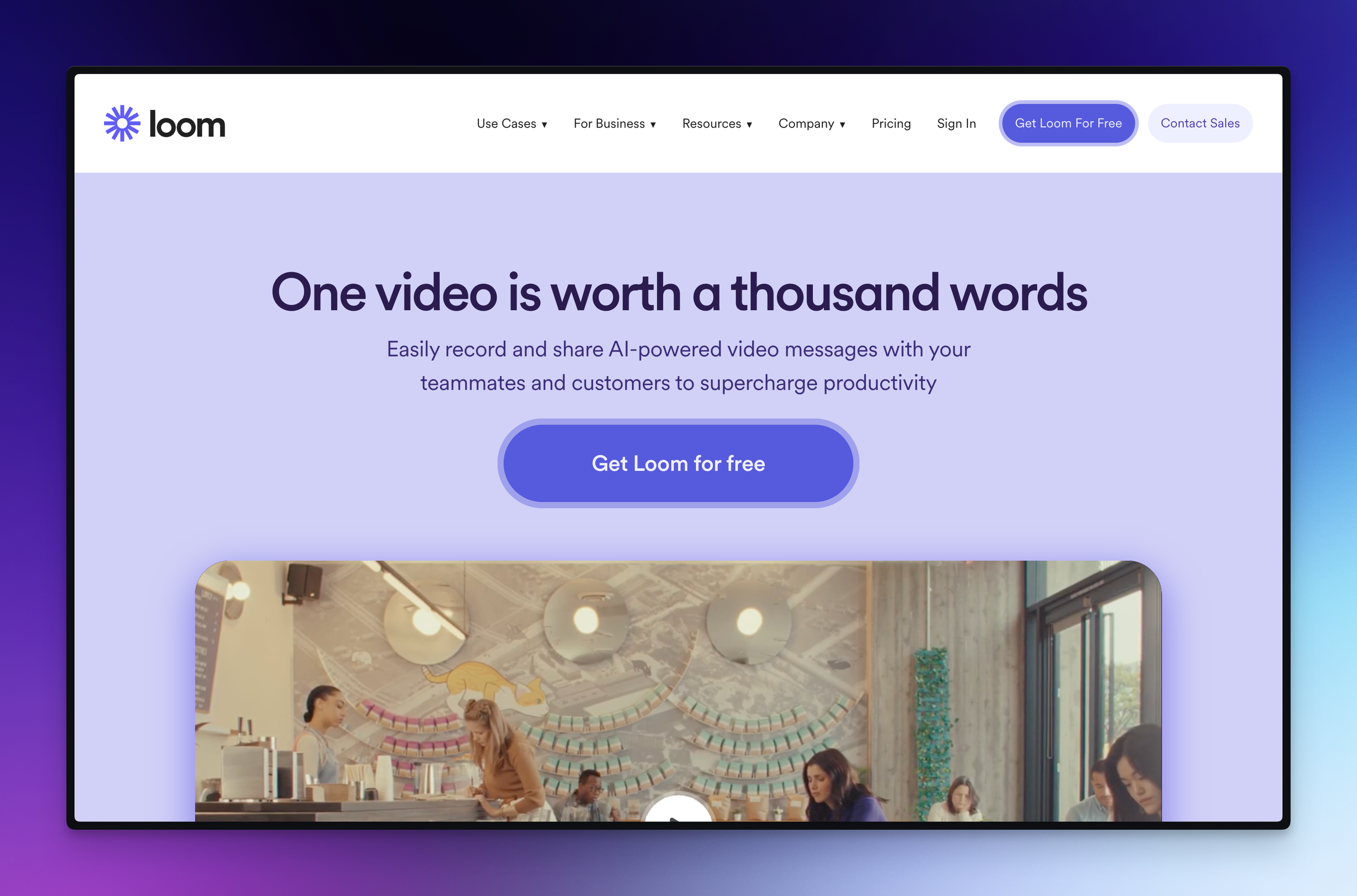 A screenshot of the Loom homepage, showing off the video capabilities with a video