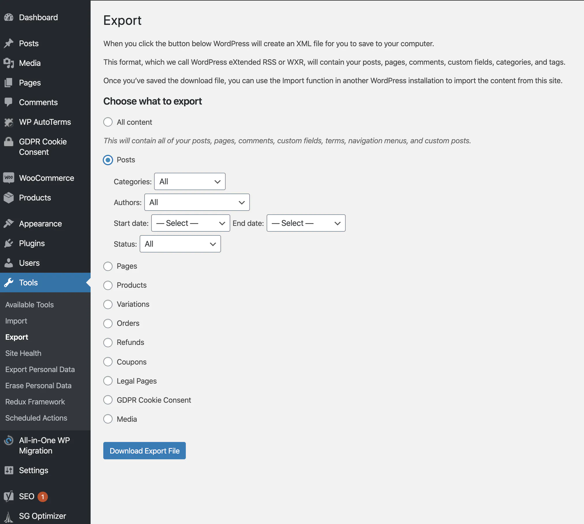 Exporting a Wordpress website