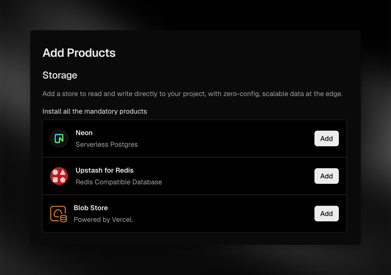 Product marketplace on Vercel, showing a range of different software you can one click install