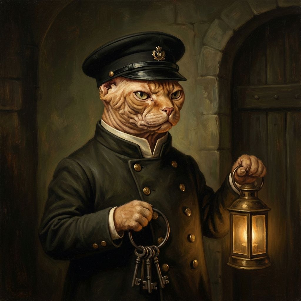 Square--aspect-ratio-Victorian-era-portrait-style-oil-painting-of-a-chunky-ginger-sphinx-cat-dressed-as-an-old-fashioned-security-guard-The-cat-wears-a-traditional-Victorian-security-guard-uniform-with-brass-buttons-a-dark-fitted-coat-and-a-stiff-hig.png