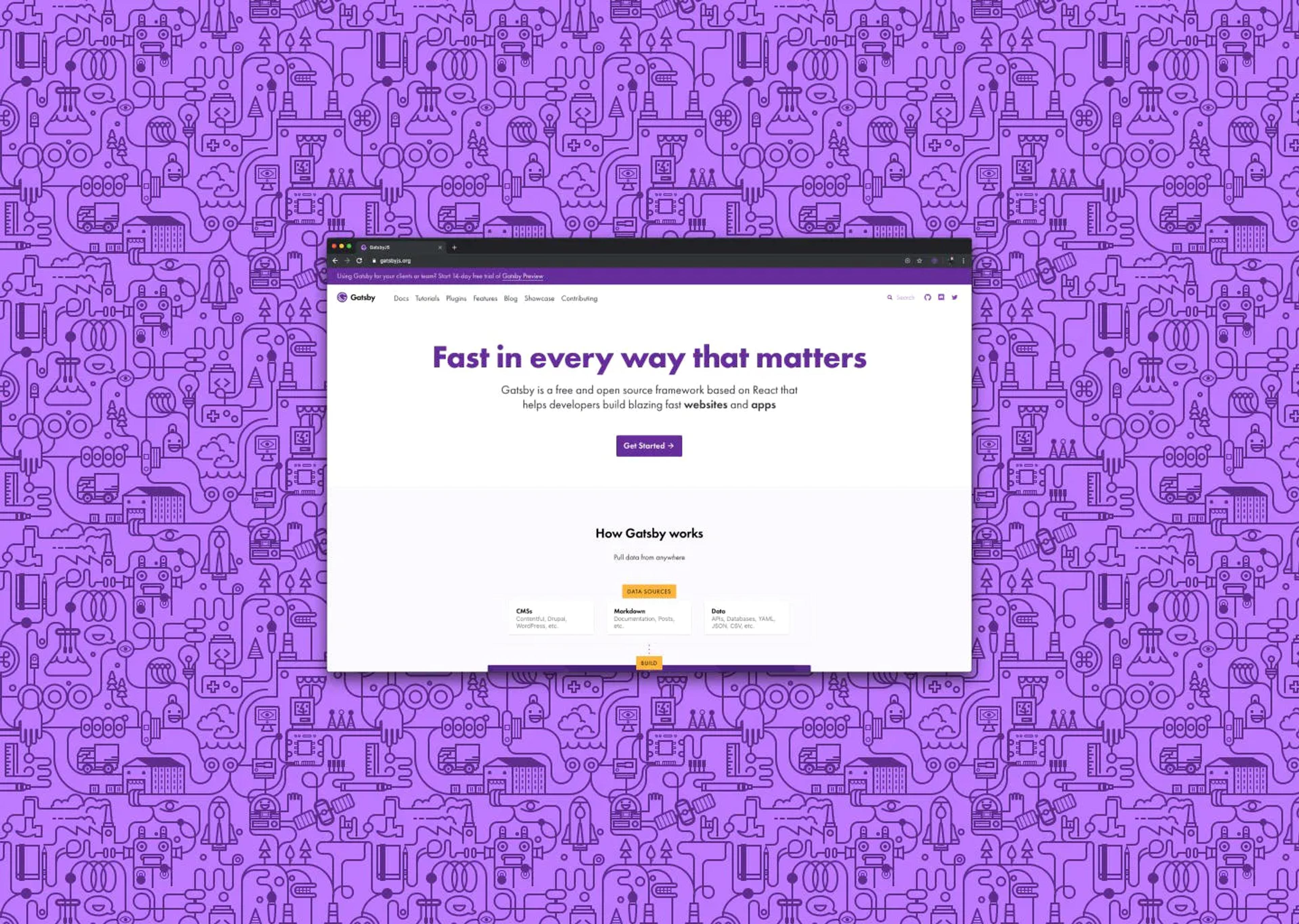 Gatsby website on a browser on top of purple background