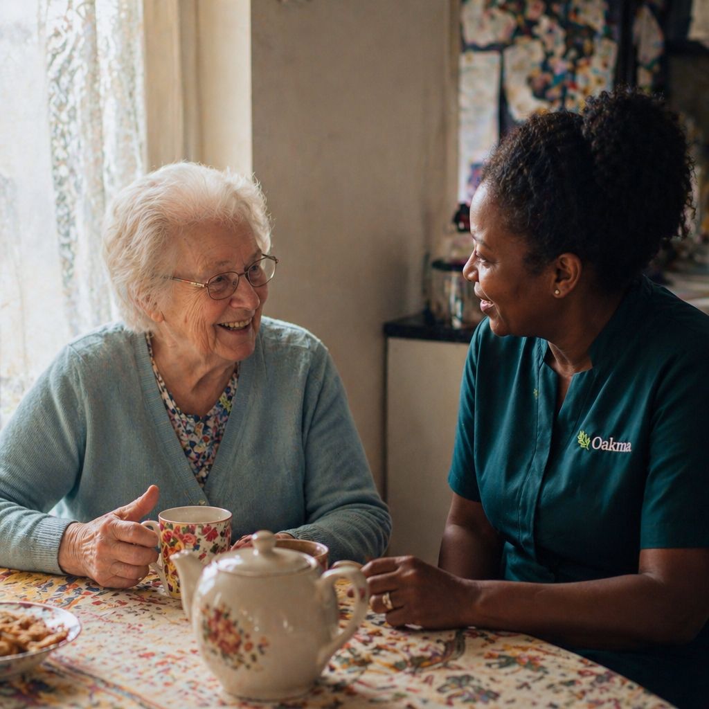 An Oakma carer chatting with an older woman over a pot of tea at her kitchen table