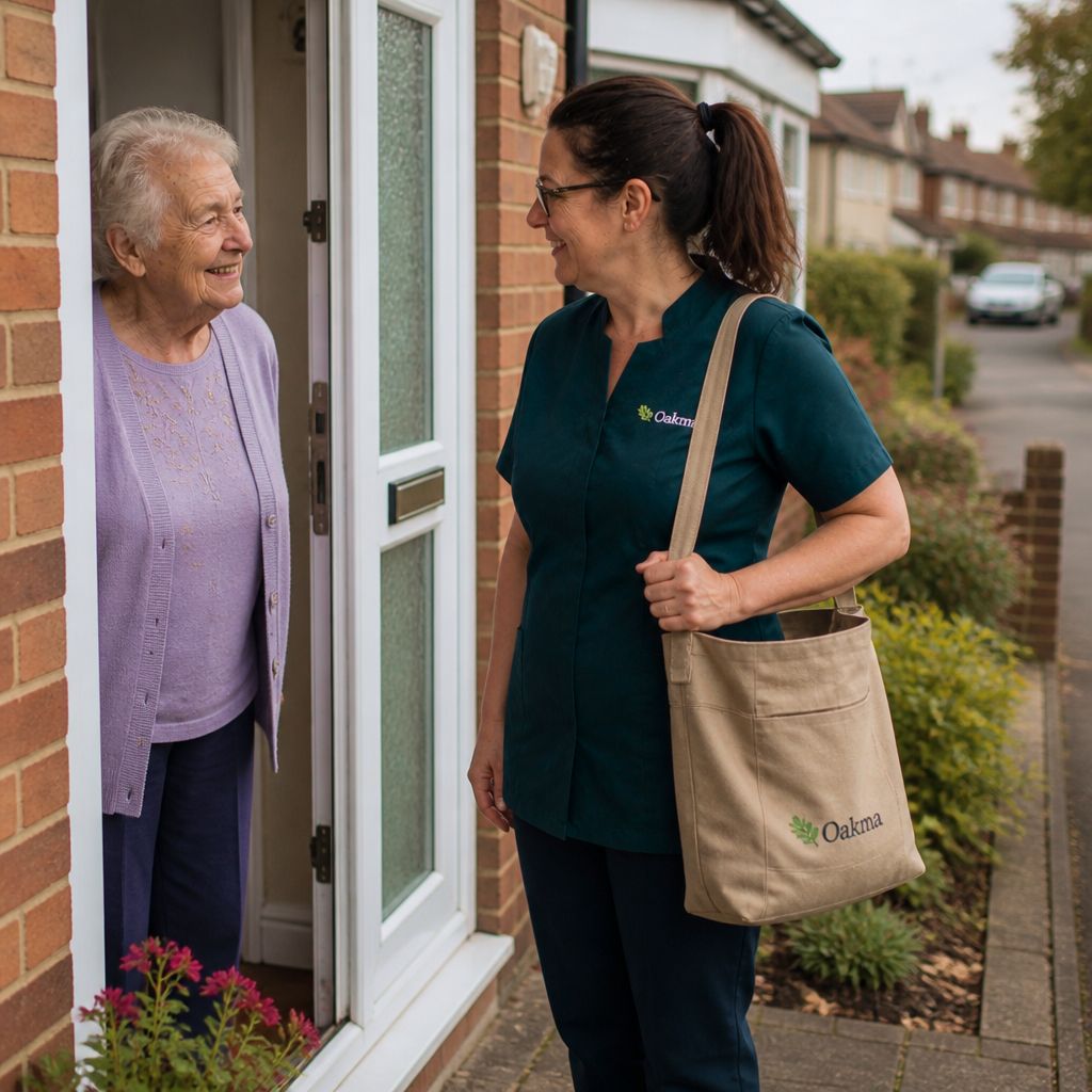 An Oakma carer being welcomed at the front door by an older woman at her home in Telford