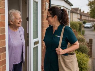 An Oakma carer being welcomed at the front door by an older woman at her home in Telford