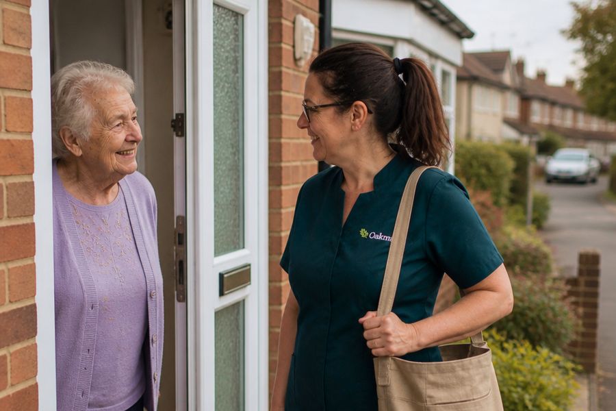 An Oakma carer being welcomed at the front door by an older woman at her home in Telford