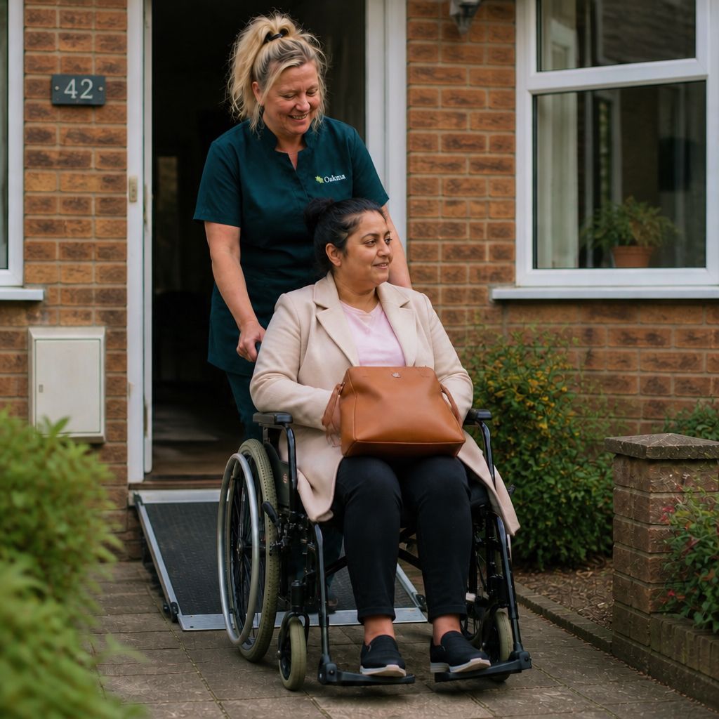 An Oakma carer helping a woman in a wheelchair down the ramp outside her front door