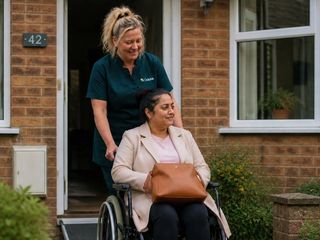 An Oakma carer helping a woman in a wheelchair down the ramp outside her front door