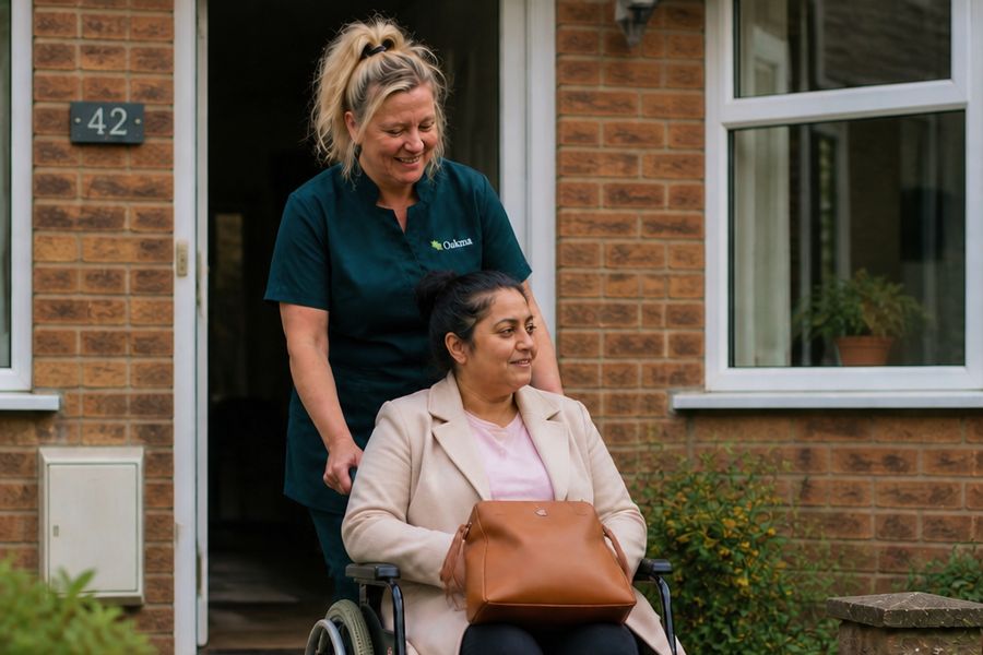 An Oakma carer helping a woman in a wheelchair down the ramp outside her front door