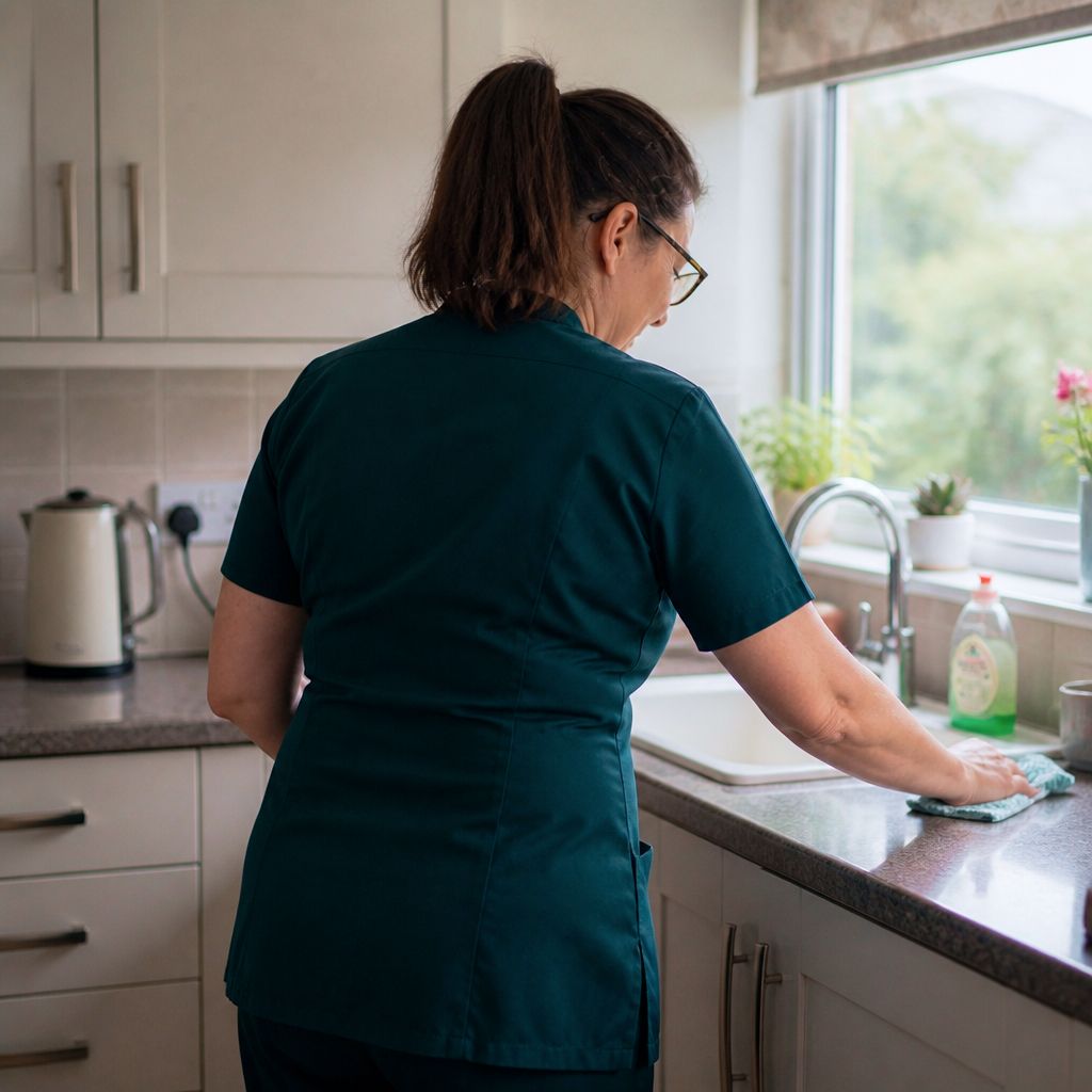 An Oakma carer wiping down the kitchen worktop during a home help visit