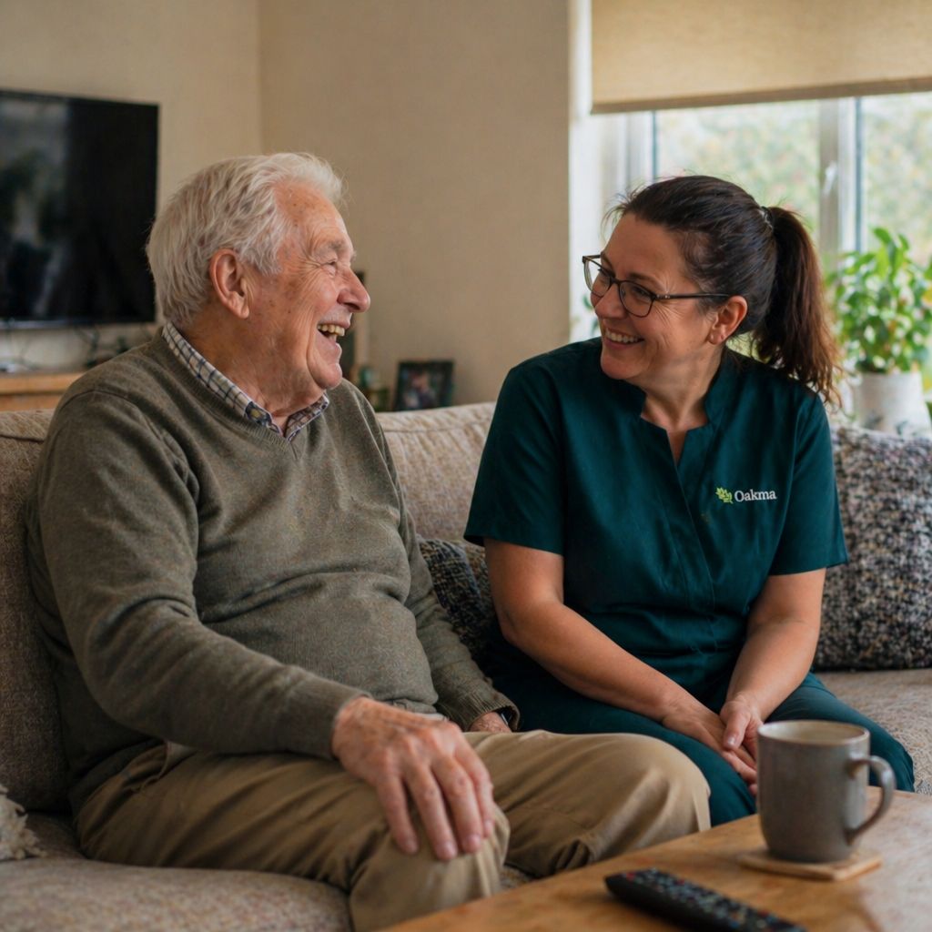 An Oakma carer and an older man laughing together on the sofa in his living room
