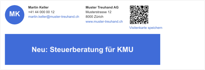 Fertige E-Mail-Signatur mit Porträt, Kontaktdaten und Banner