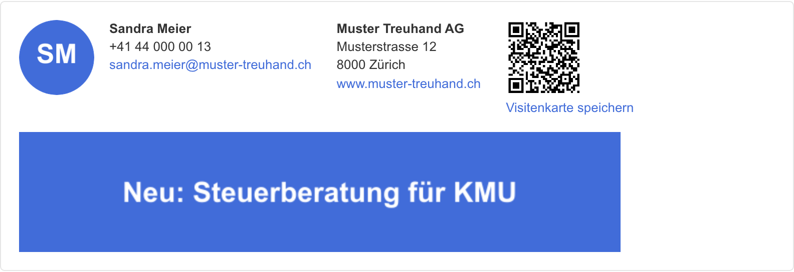 Signatur mit QR-Code und Link «Visitenkarte speichern»