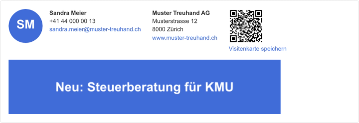 Signatur mit QR-Code und Link «Visitenkarte speichern»