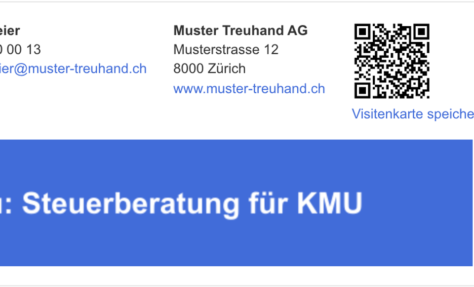 Signatur mit QR-Code und Link «Visitenkarte speichern»