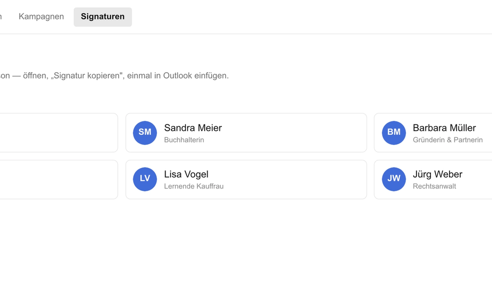 Team-Übersicht in Autopen mit allen Signaturen nach Abteilung