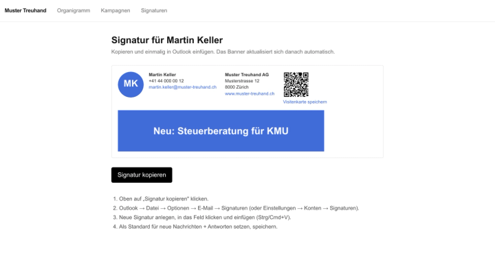 Persönliche Seite mit Signaturvorschau und Knopf «Signatur kopieren»