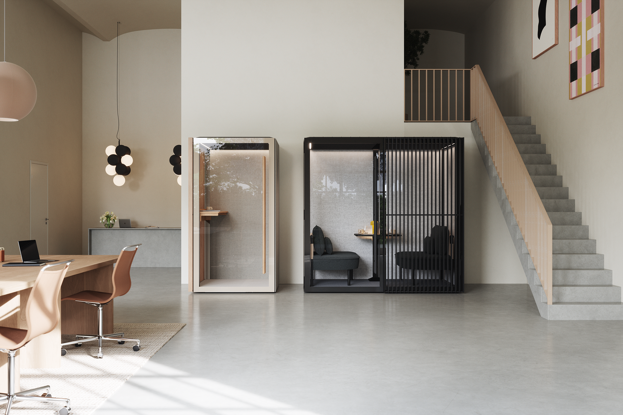 Medium dark Zen Pod with seating and table beside small light Zen Pod in office.