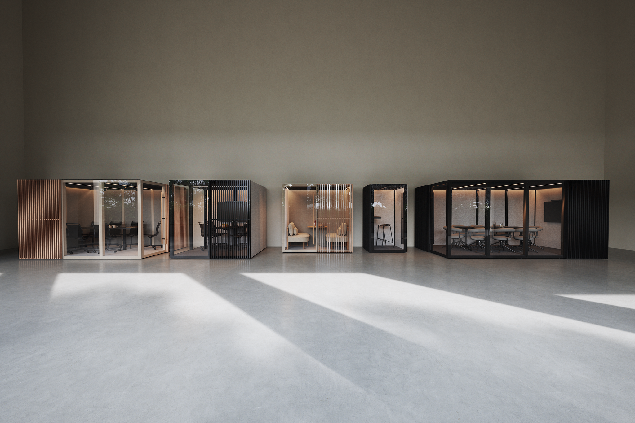 Medium dark Zen Pod and light Zen Pod meeting rooms in showroom