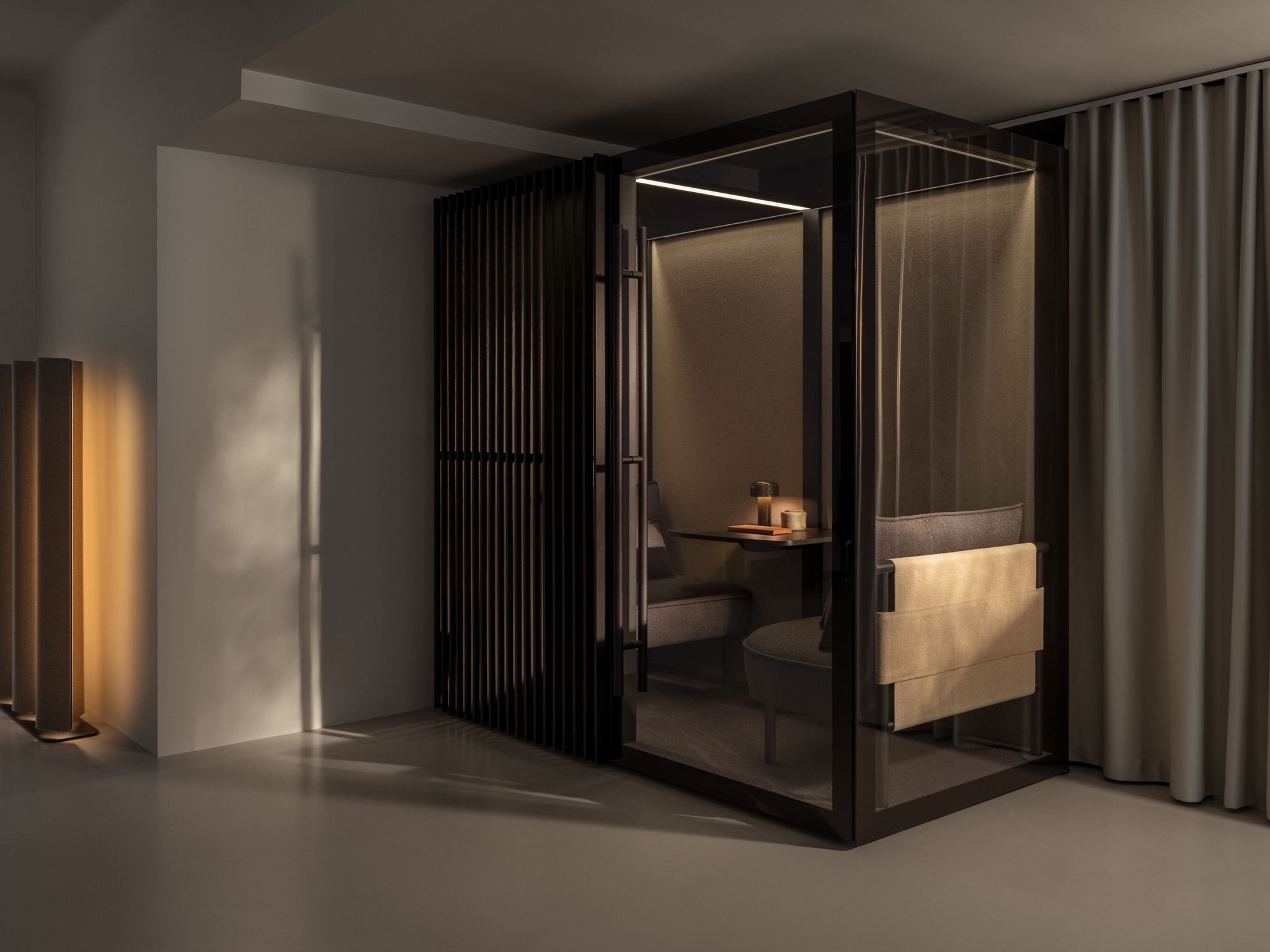 Modern Zen Pod office with glass walls, cushioned seating, small table, and soft ambient lighting in a minimalist room.