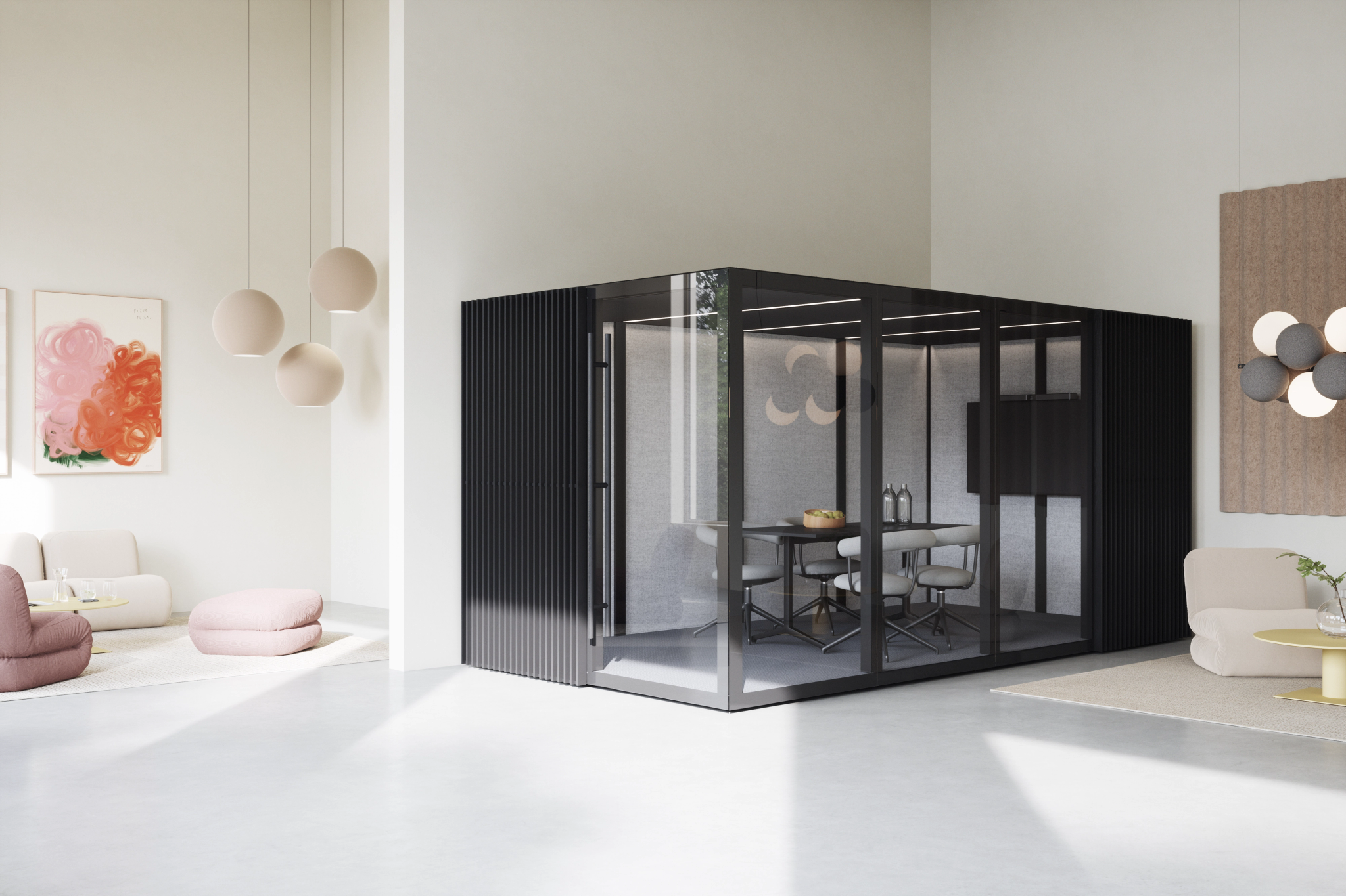 Large black Zen Pod meeting room with glass walls in lounge area.