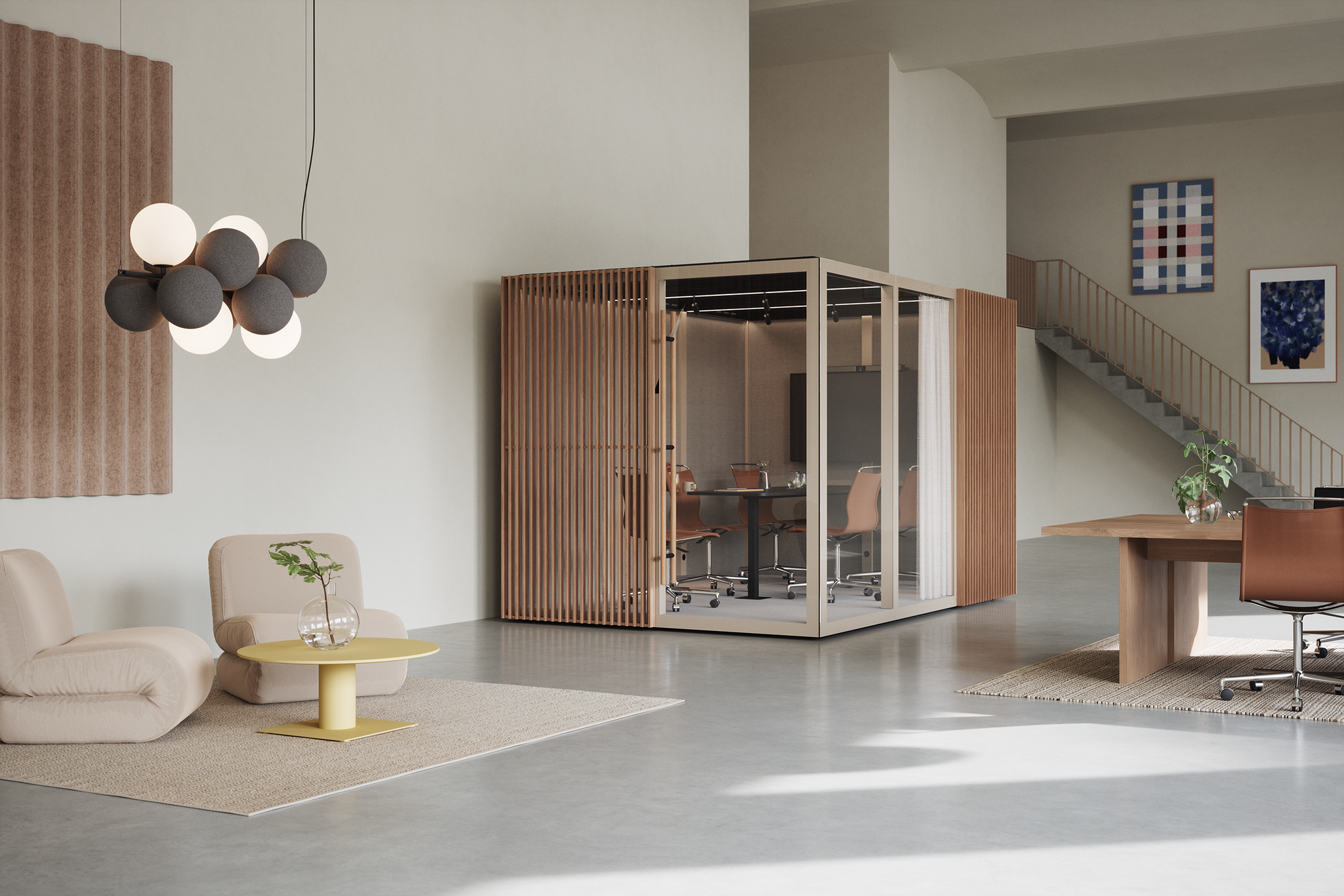 Large beige Zen Pod with wooden slats in modern office space