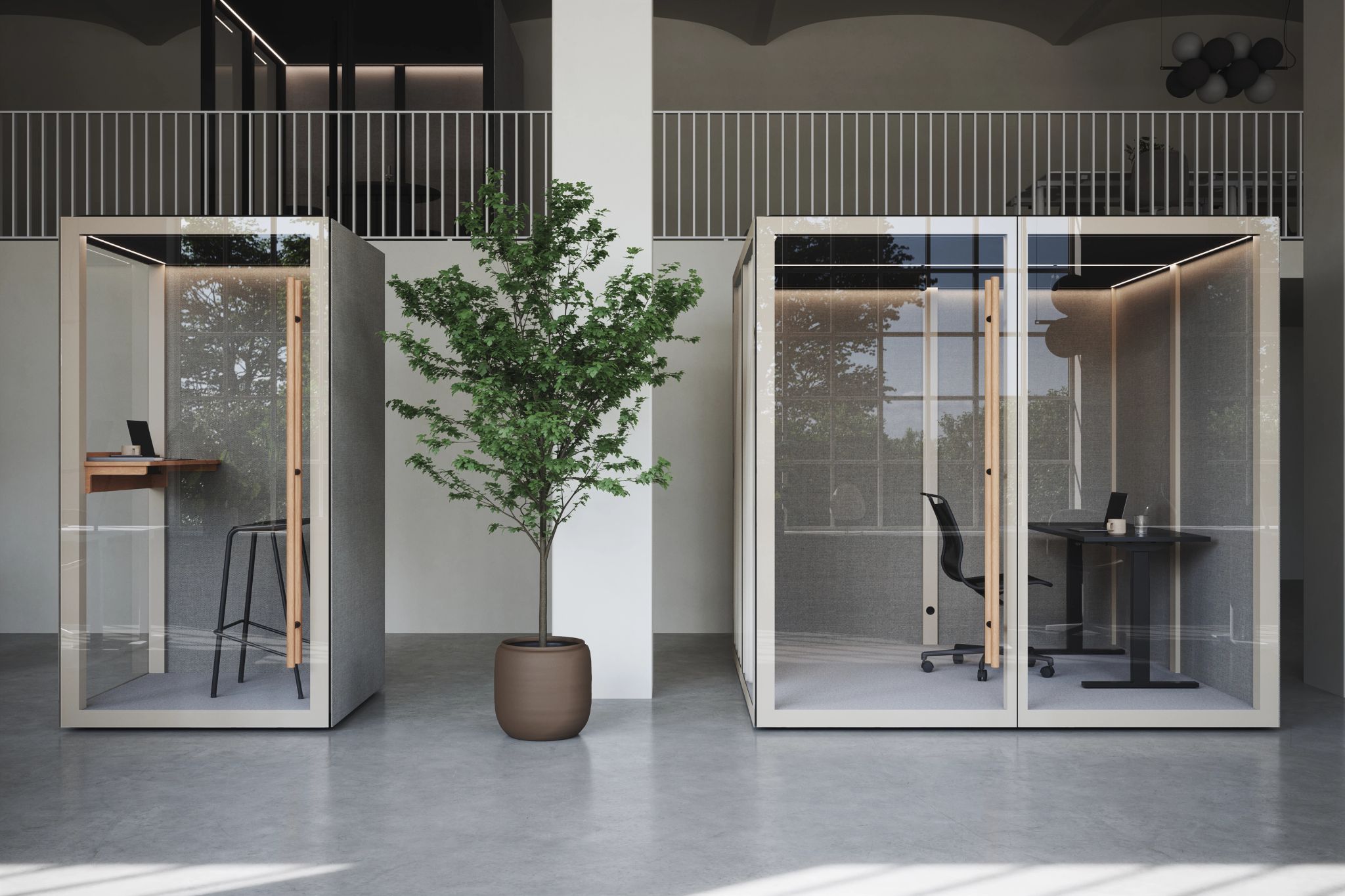 Zen Pod Two modern Zen Pods with glass walls and wooden handles in a spacious office, separated by a potted green plant.