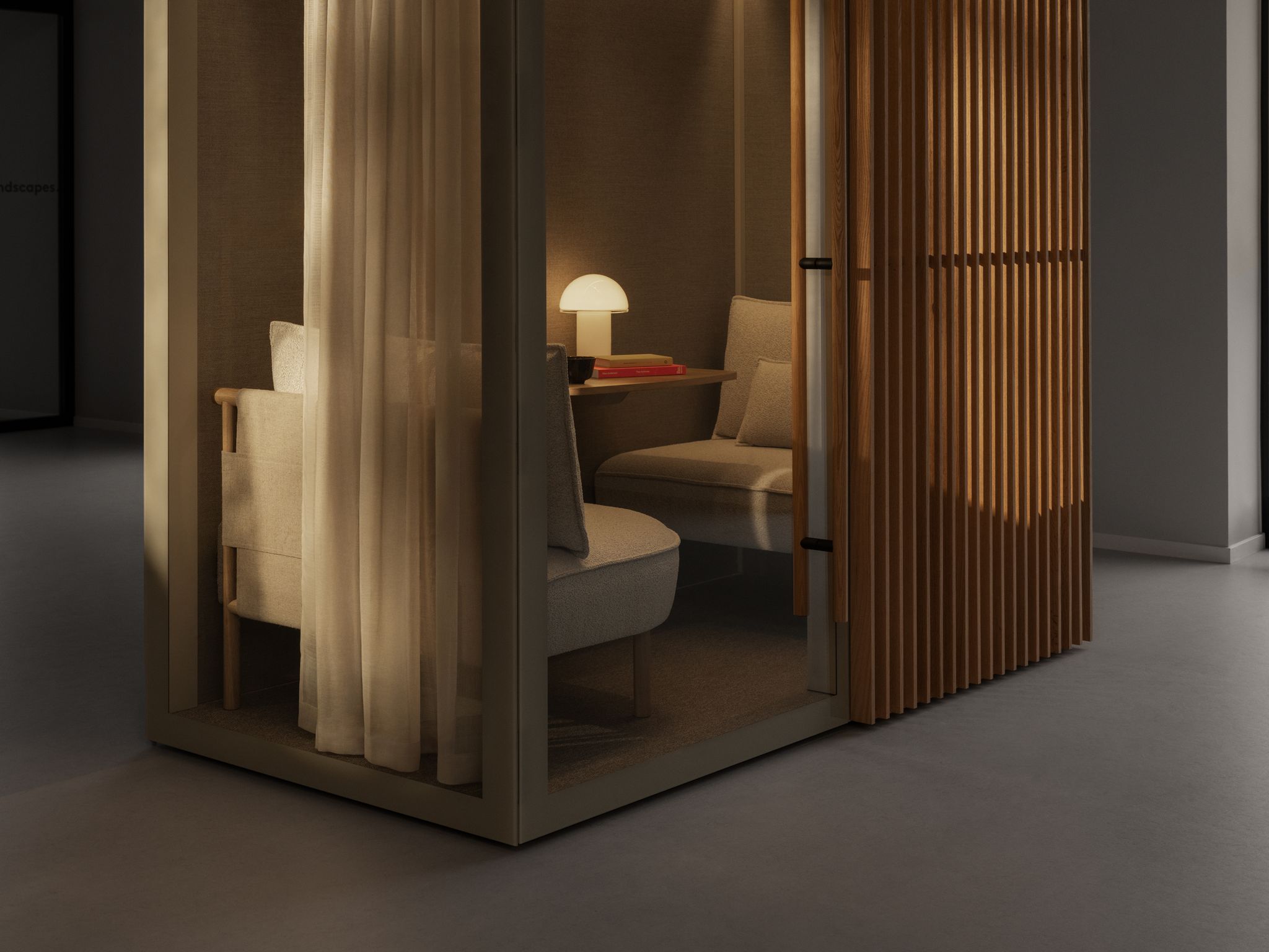 Zen Pod private workspace with cushioned seating, wooden slats, sheer curtain, and a small table lamp inside.