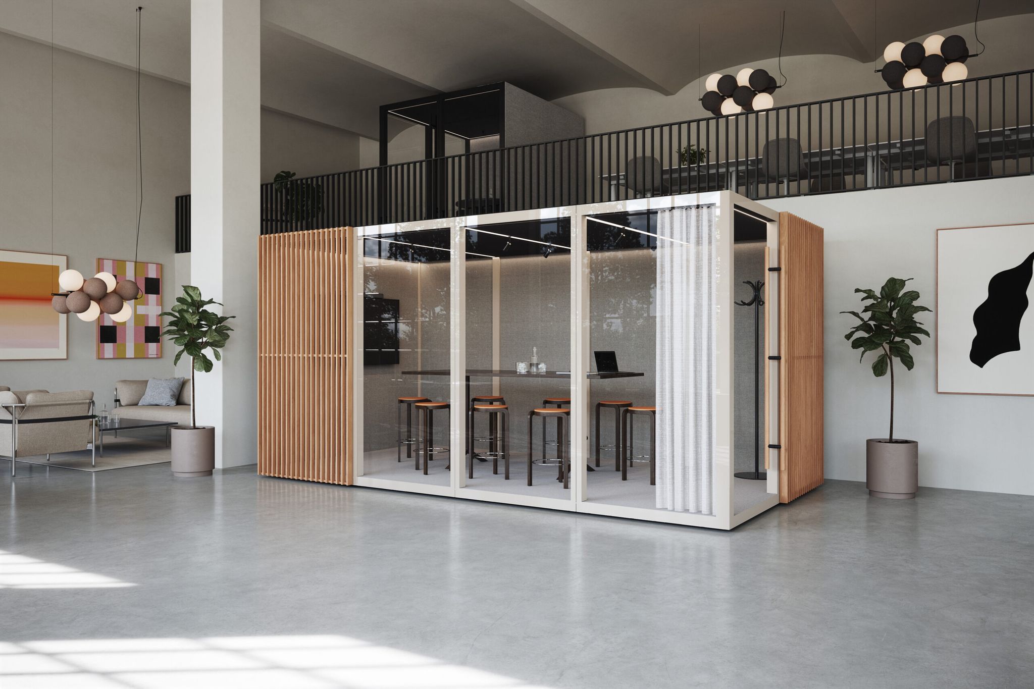Modern Zen Pod meeting room with glass walls, wooden accents, high stools, and a long table in a spacious office.