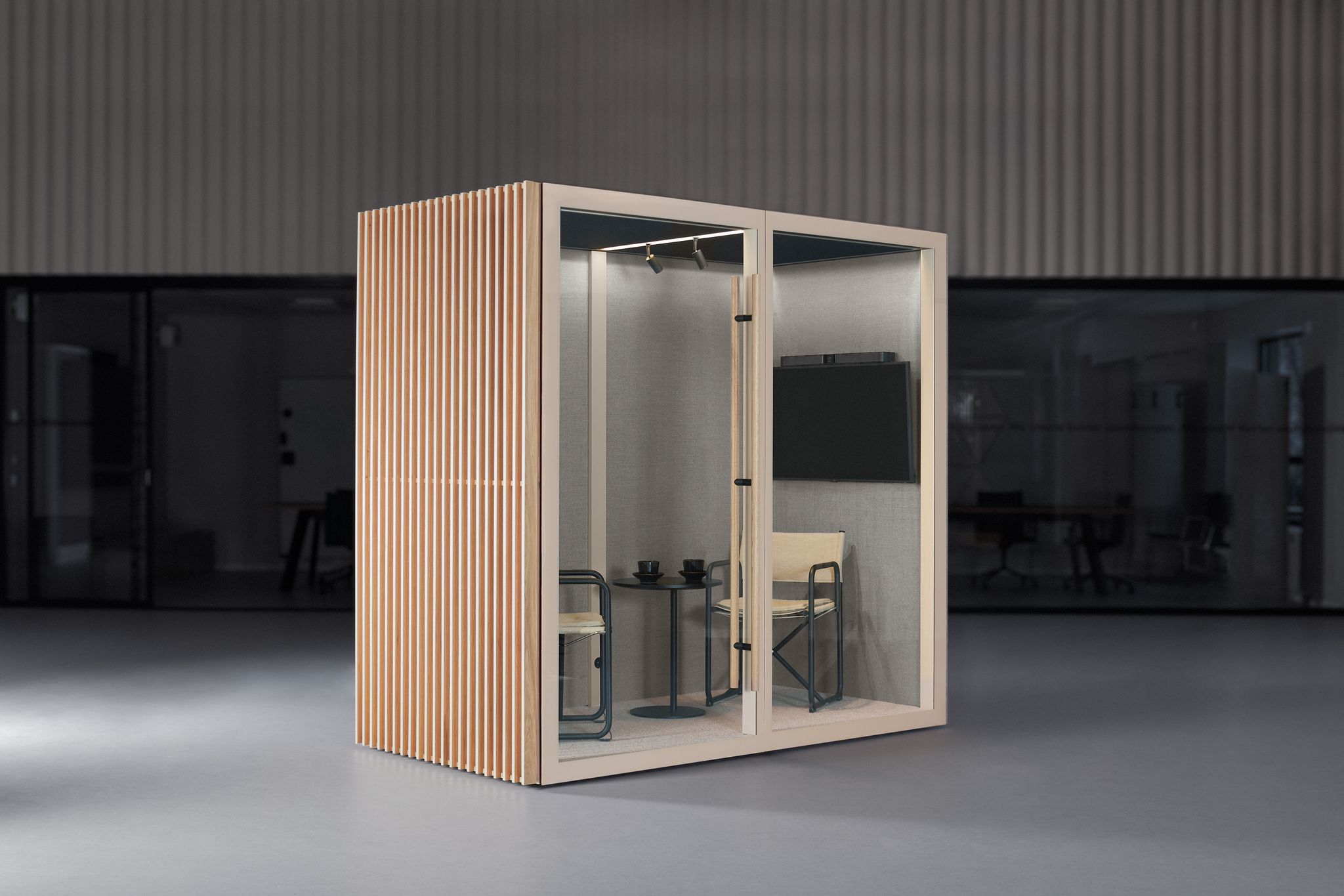 Medium light Zen Pod with wood slats and seating inside