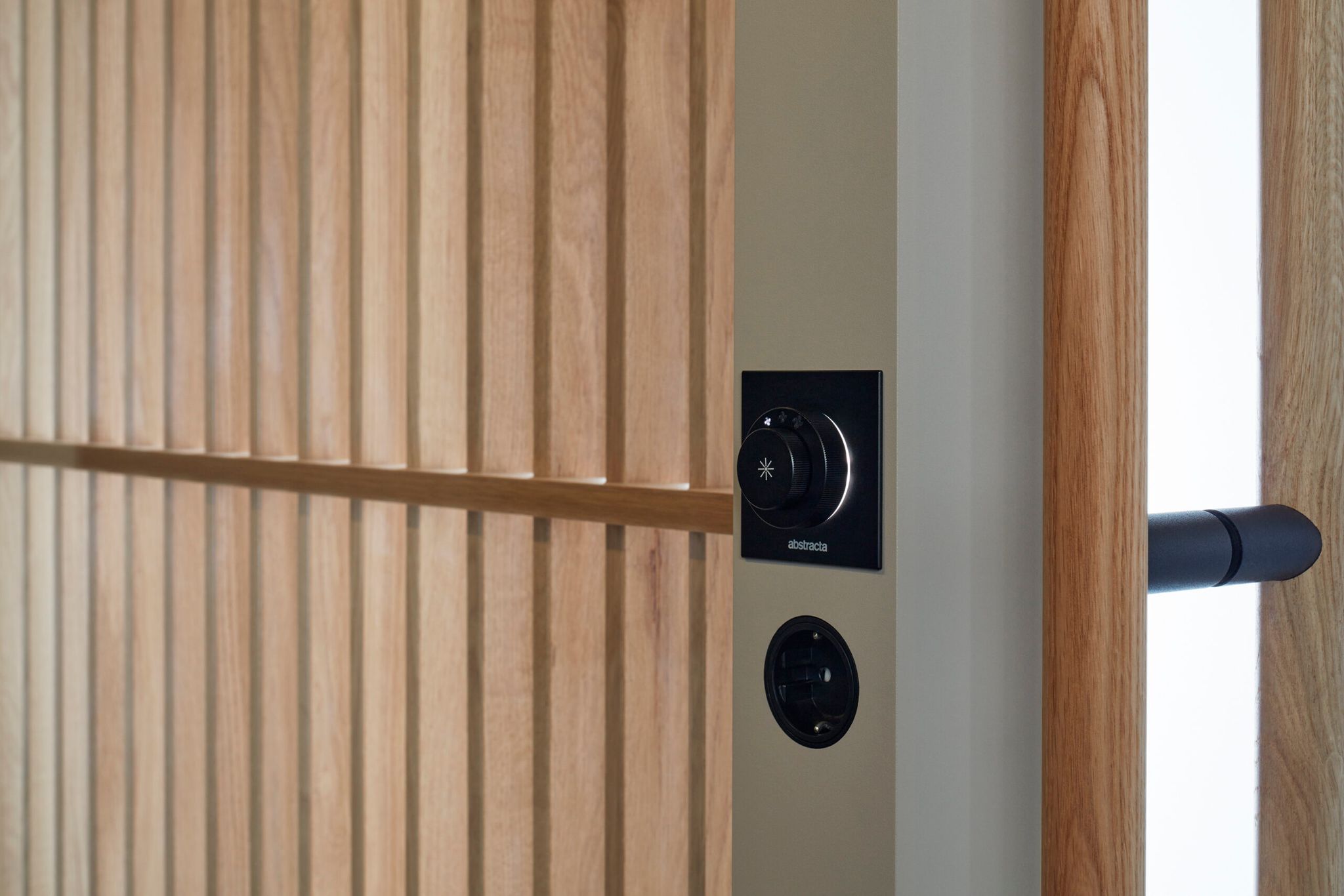 Close-up of Essential Zen Pod light dimmer and power outlet on wood panel