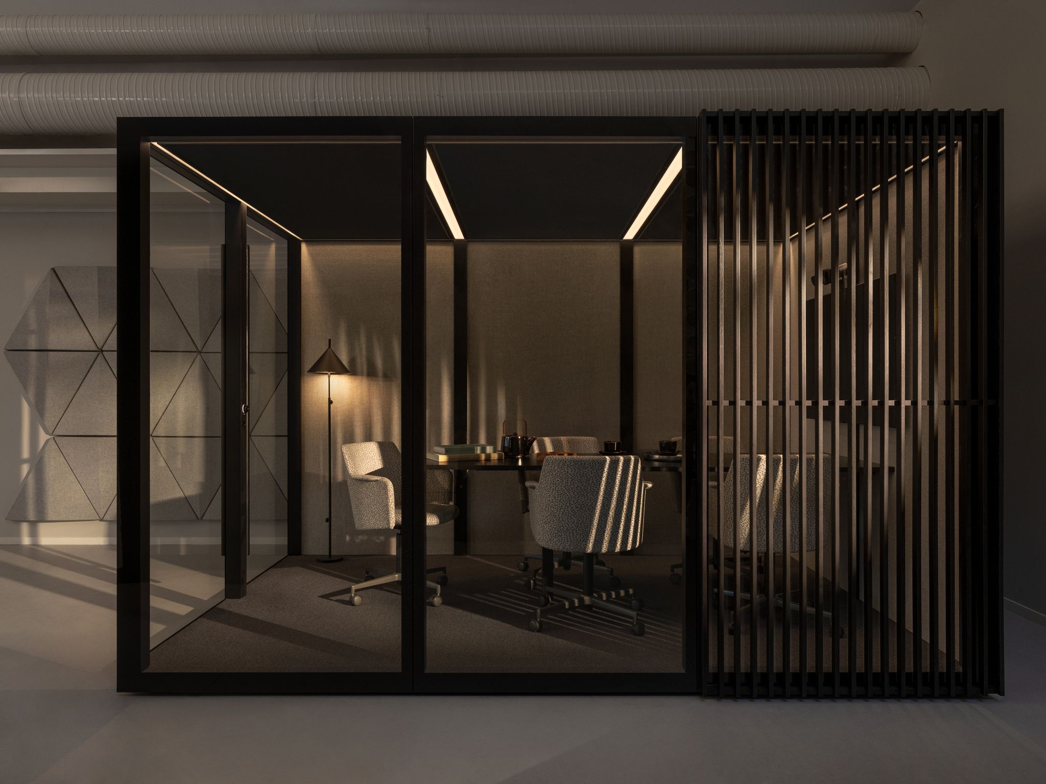 Zen Pod Large office with glass walls, carpeted floor, swivel chairs, table, and floor lamp in warm lighting.