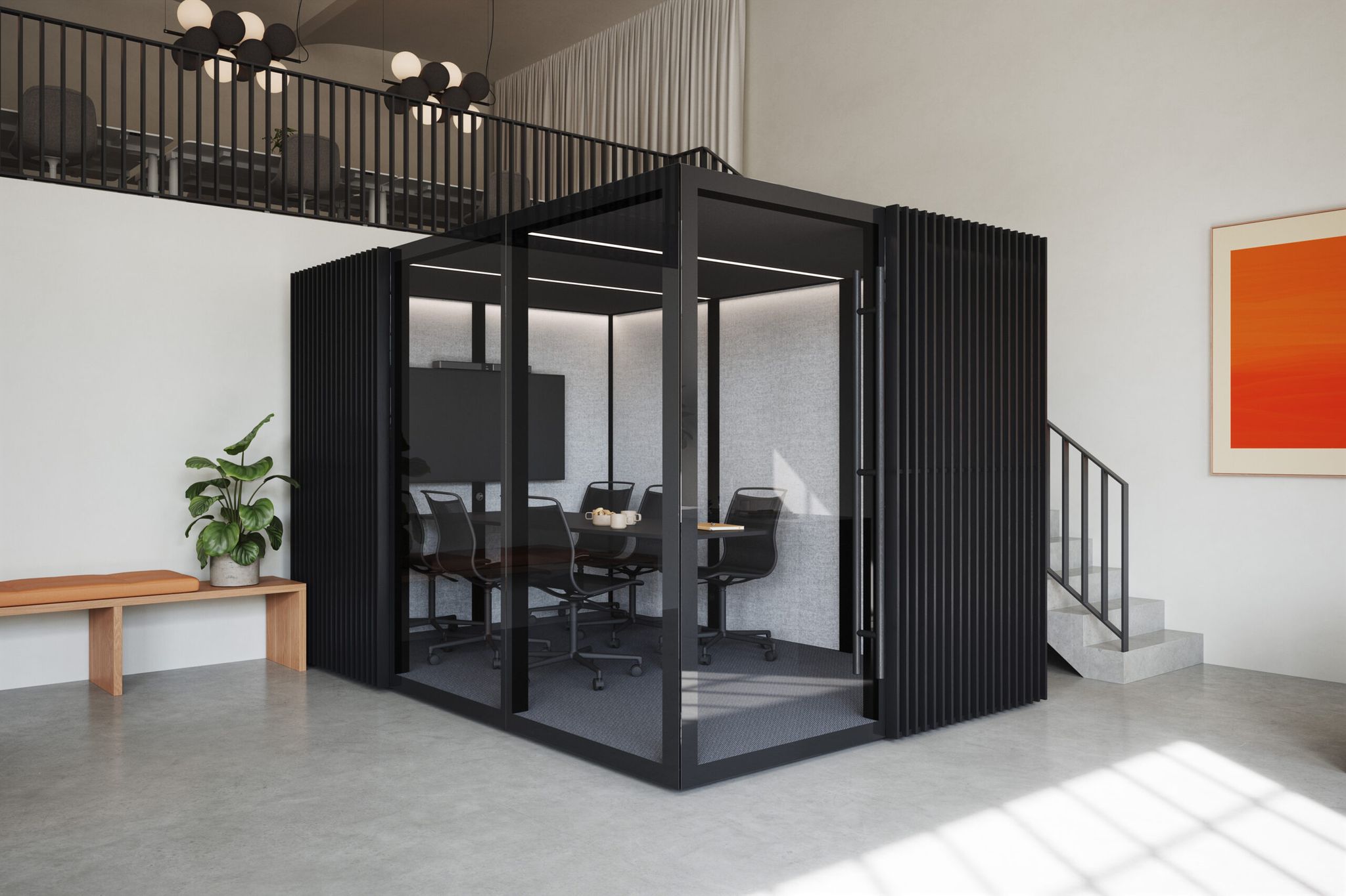 Black Zen Pod meeting room with glass walls, office chairs, and a large screen in a modern open space.