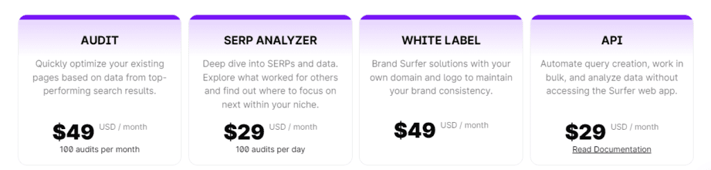 Surfer SEO Add-ons Prices