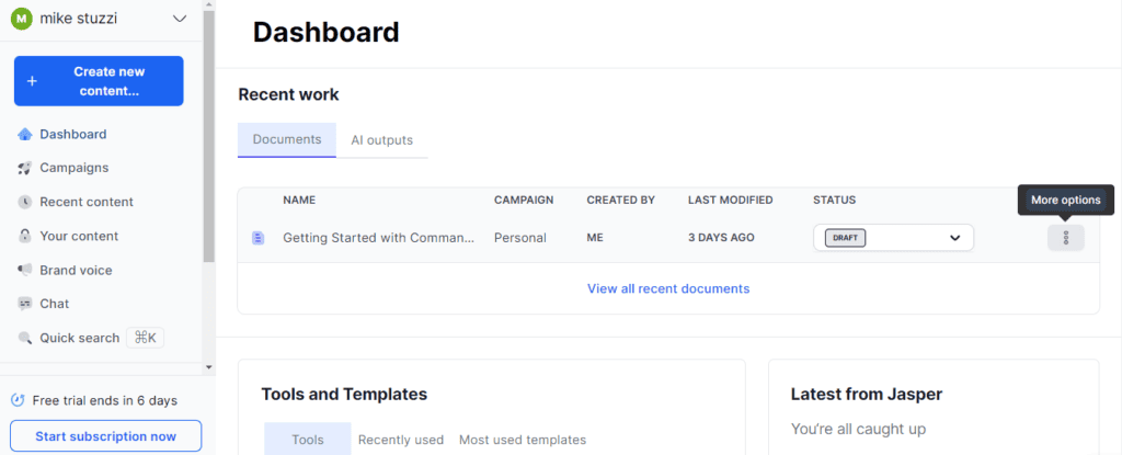 Jasper AI Dashboard