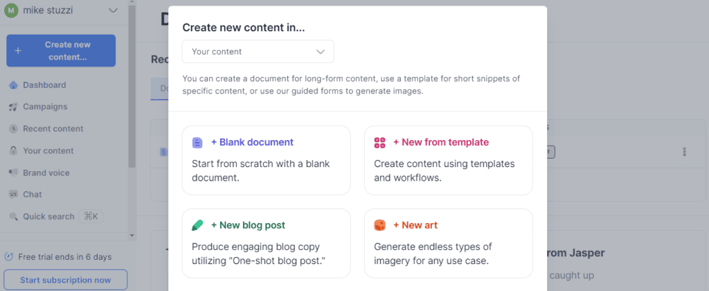 Jasper AI Create New Content