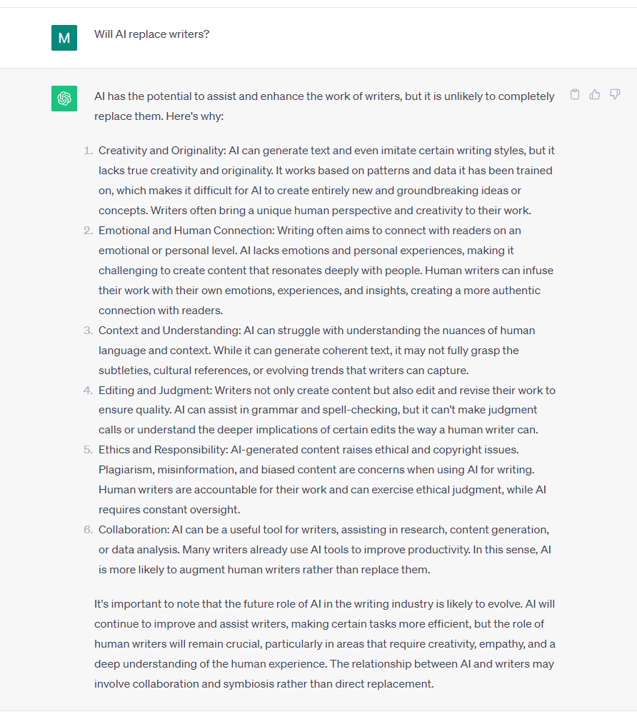 I asked ChatGPT whether AI will replace writers - the response