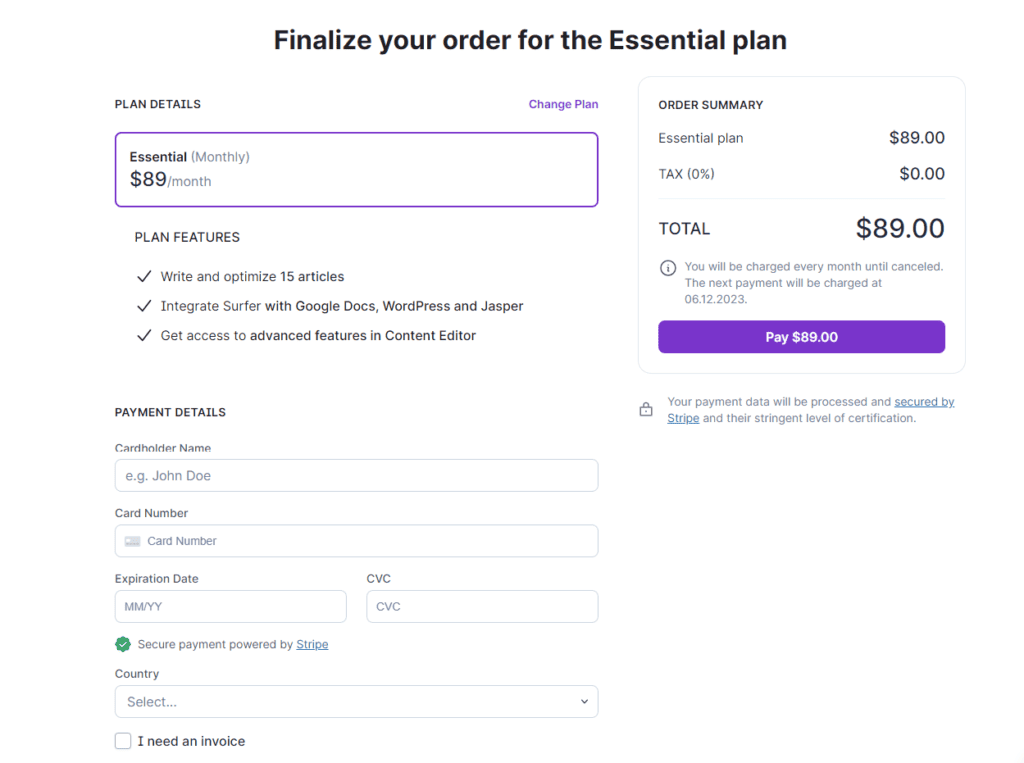 Surfer SEO Billing