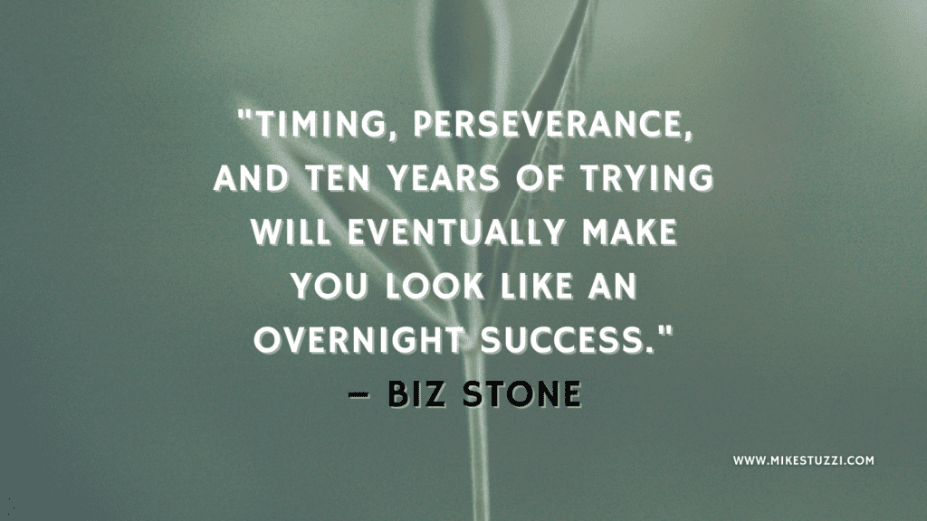 "Timing, perseverance, and ten years of trying will eventually make you look like an overnight success." – Biz Stone